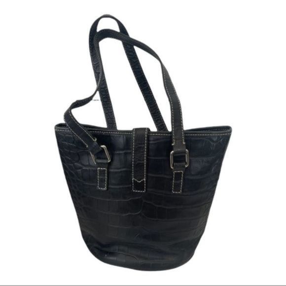 Dooney & Bourke Black Leather Crocodile Shoulder Bag Bucket Tote - Picture 3 of 5